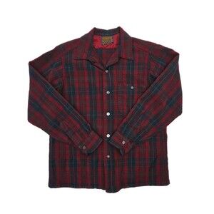 Pendleton Shirt 100% Virgin Wool Men Medium Red Plaid Button Long Sleeve Vintage